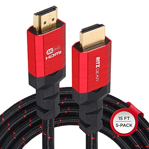 RitzGear 4K HDMI-Kabel | 5er-Pack 15 Ft. High-Speed 18Gbps HDMI 2.0 Anschlüsse | Langlebiges geflochtenes Nylon, Goldbeschichtung, 4K @ 60Hz Ultra HD, 3D, 2160p, 1080p & Ethernet-U