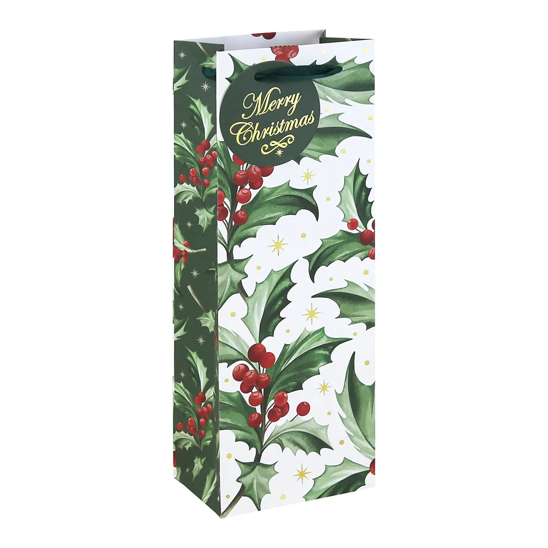 Sac cadeau bouteille kraft blanc Merry Christmas houx 35 cm