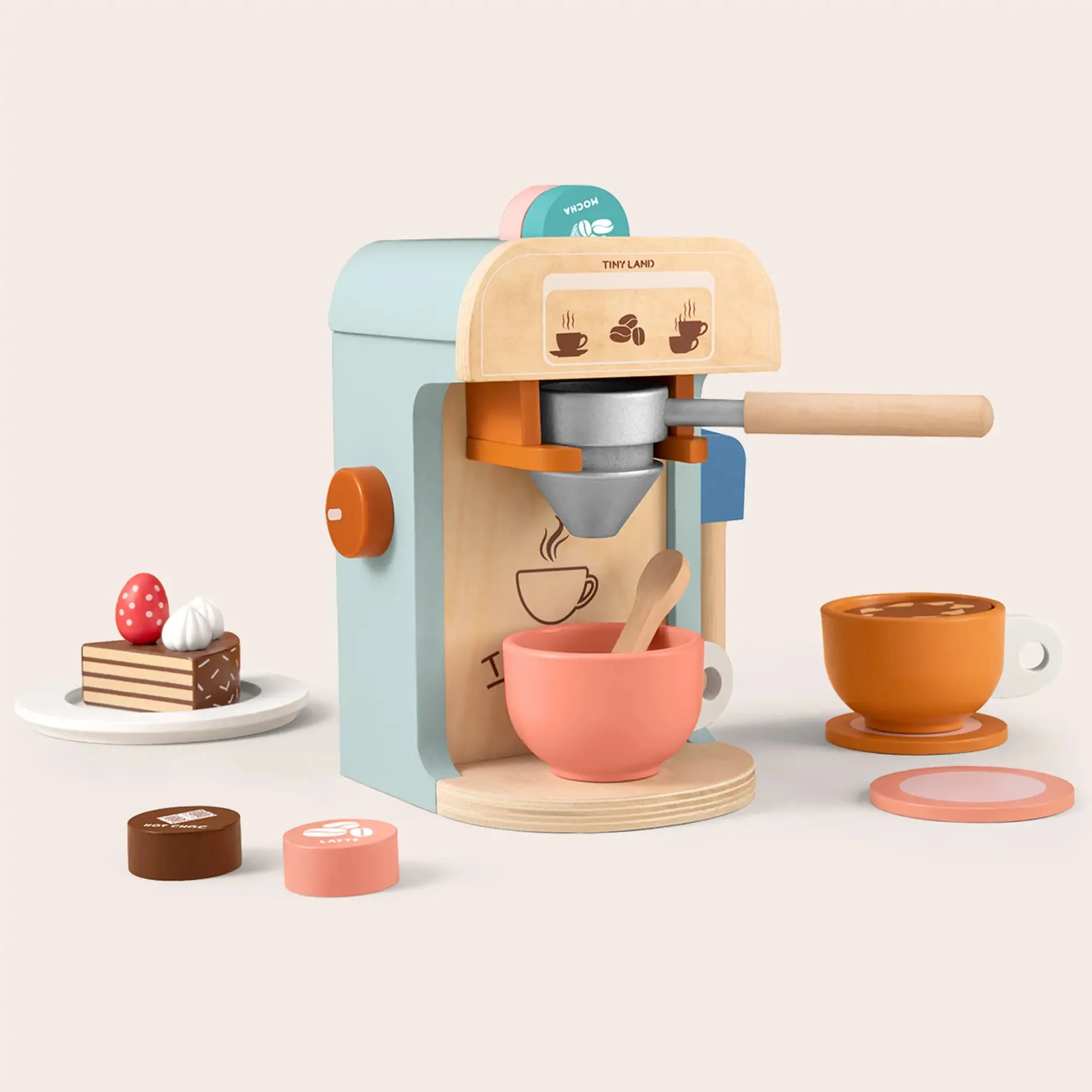 Tiny Land® Spielküchenzubehör – Kinder-Kaffeemaschine: Hölzernes Kaffeemaschinen-Set für Kinder