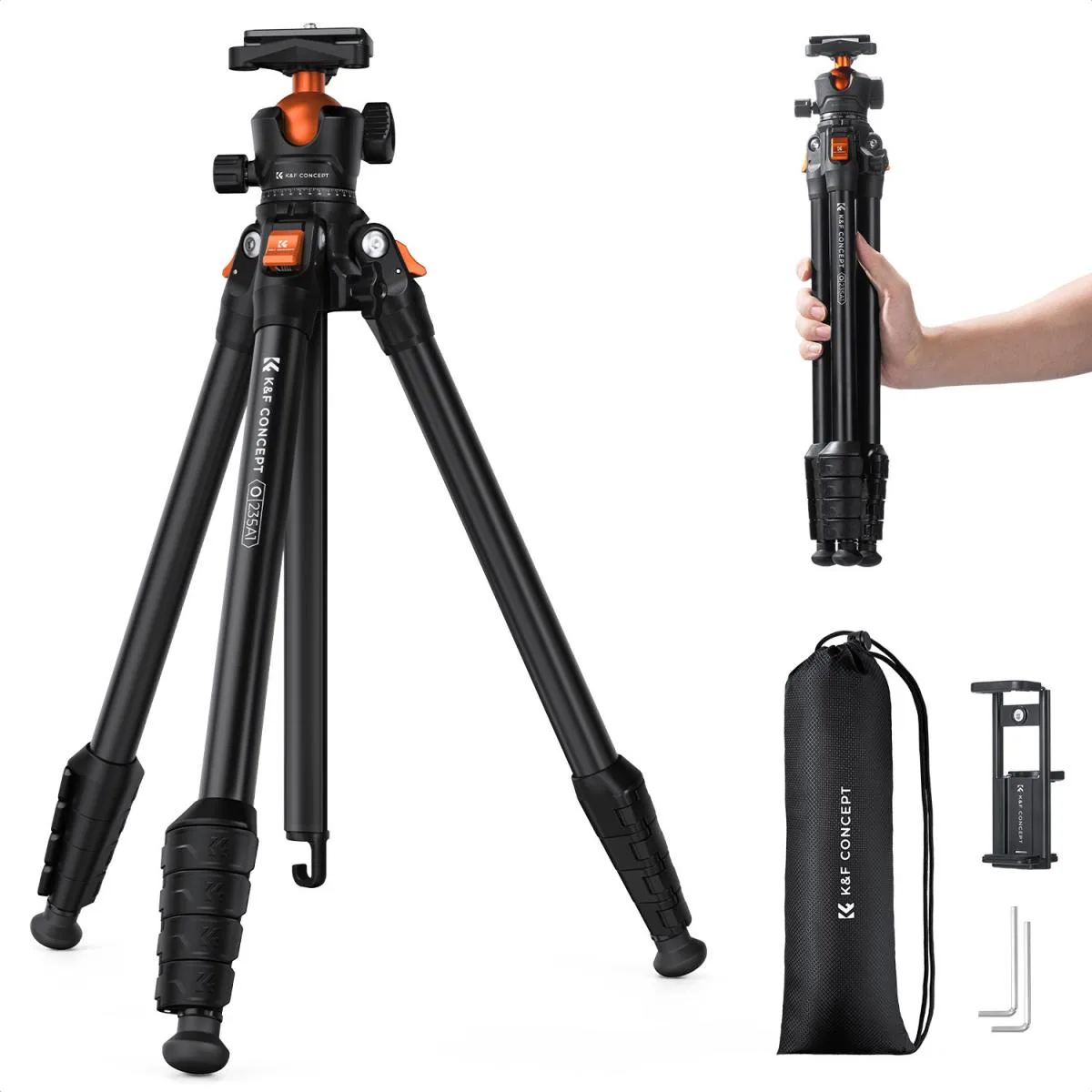 K&F Concept 162.5cm Lightweight Camera Tripod – 10kg Load, 360° 40mm Ball Head & Reversible Centre Column