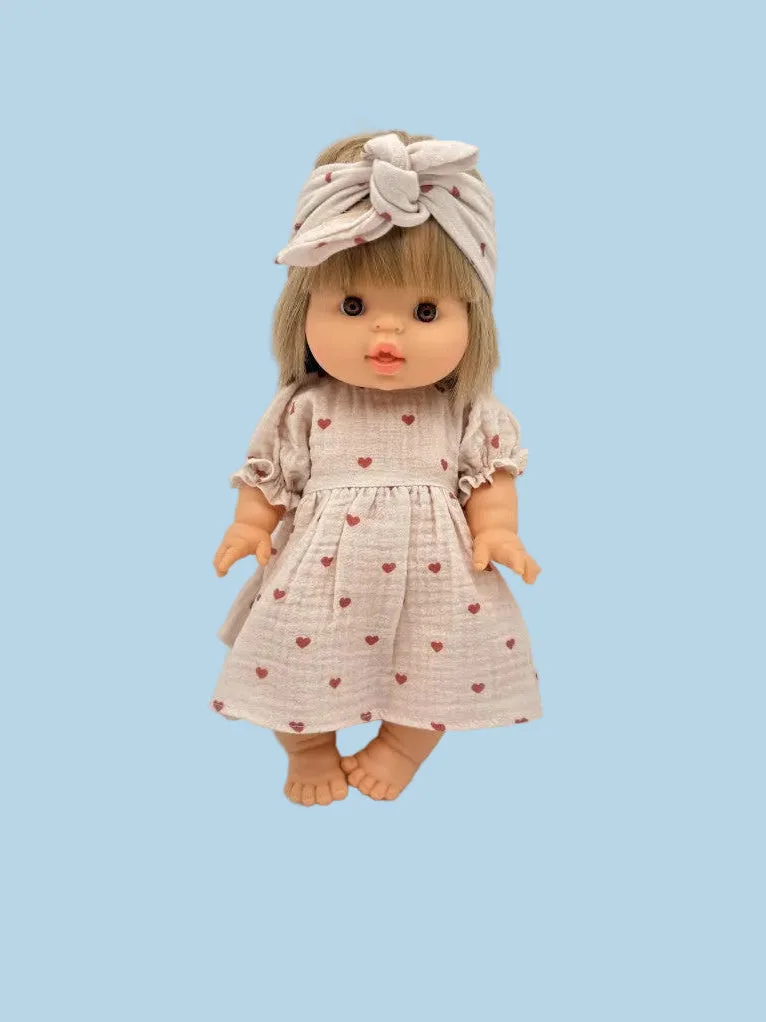 Doll Clothes | Muslin Dress w/ Headband - Dreamy Mauve Hearts (11" - 14" dolls)