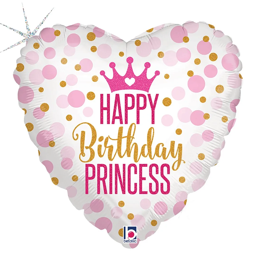 Glitter Birthday Heart Princess Holographic Round Foil Balloon 46cm / 18 in
