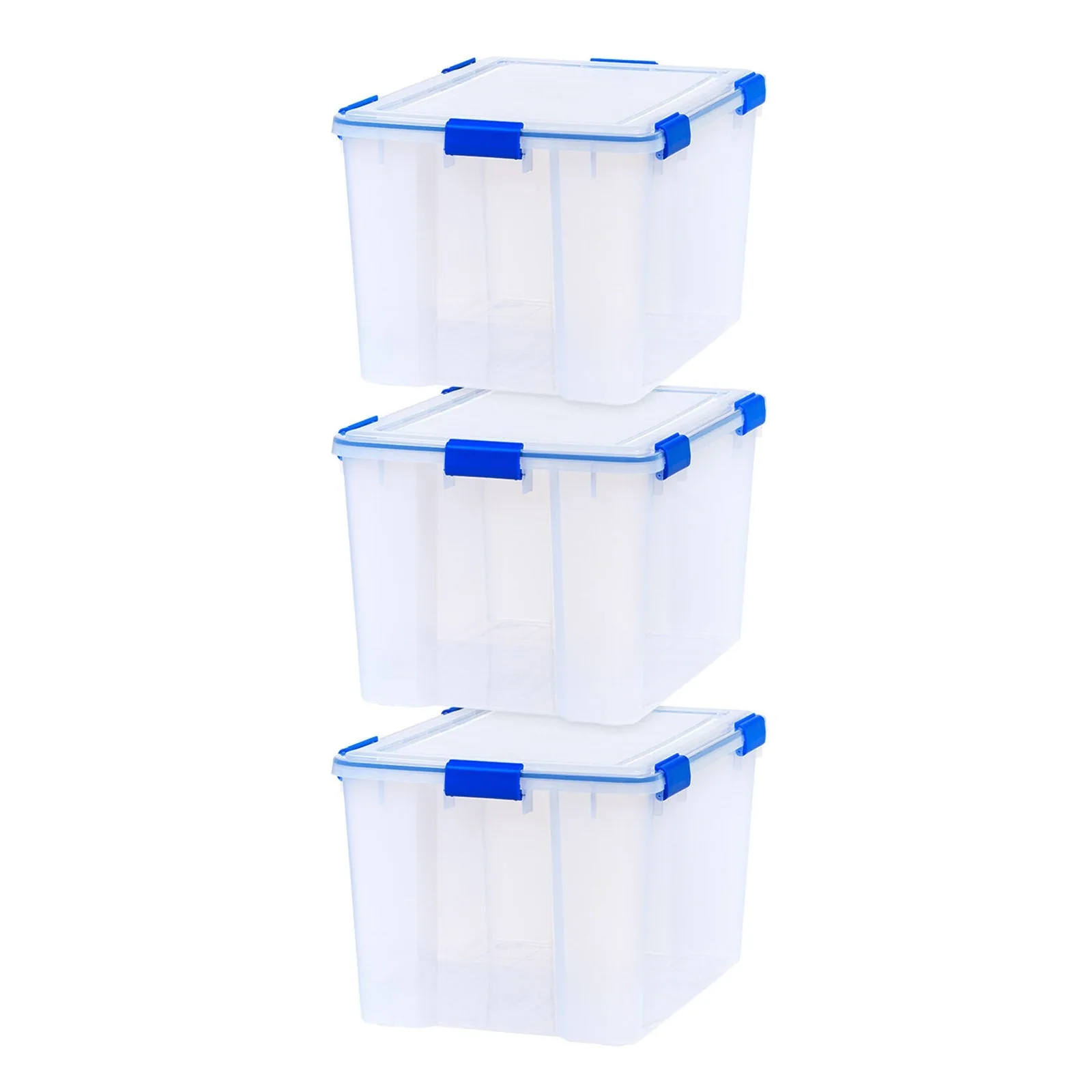 Kotak Penyimpanan Serbaguna WeatherPro® 74 Quart, Bening dengan Kait Biru, 3 Pak