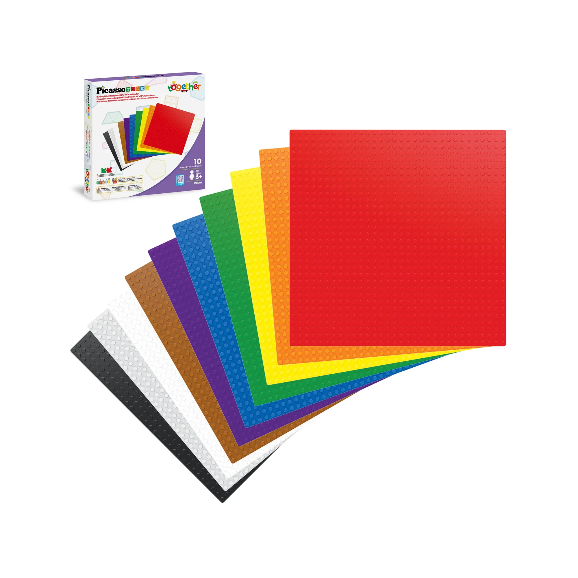 PicassoTiles 10"x10" Classic Multi Color Building Brick Plates - 10 Pack