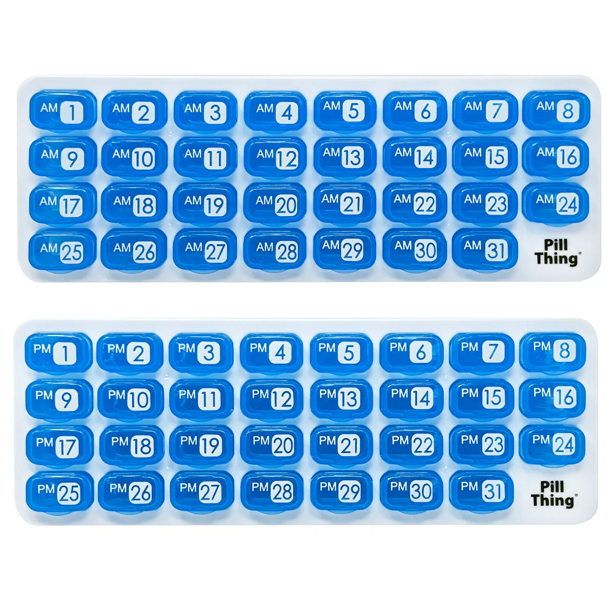 Cápsulas organizadoras de pastillas mensuales azules AM/PM