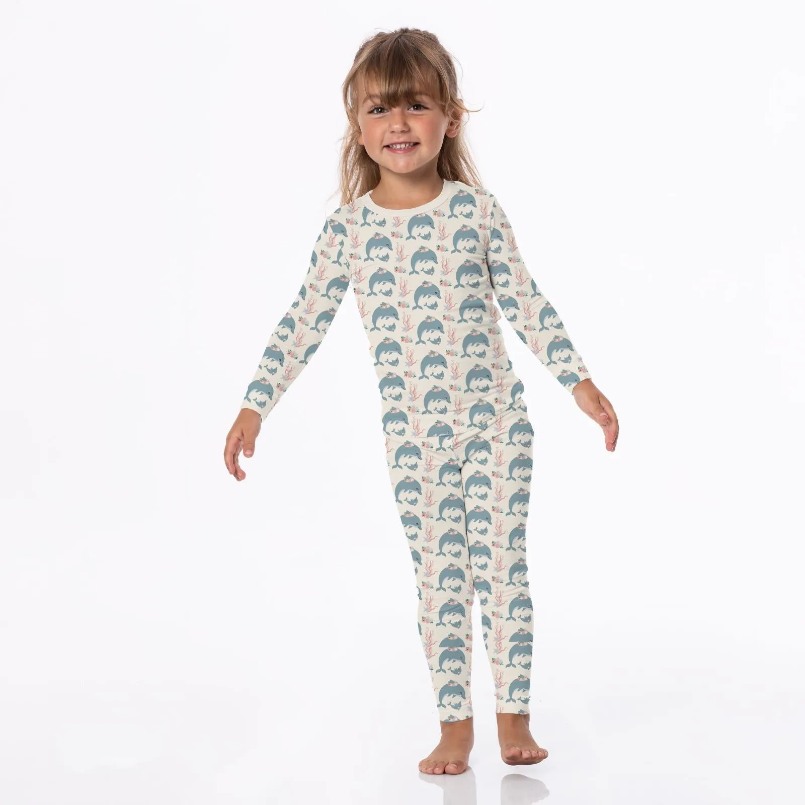 Print Long Sleeve Pajama Set in Natural Dolphins