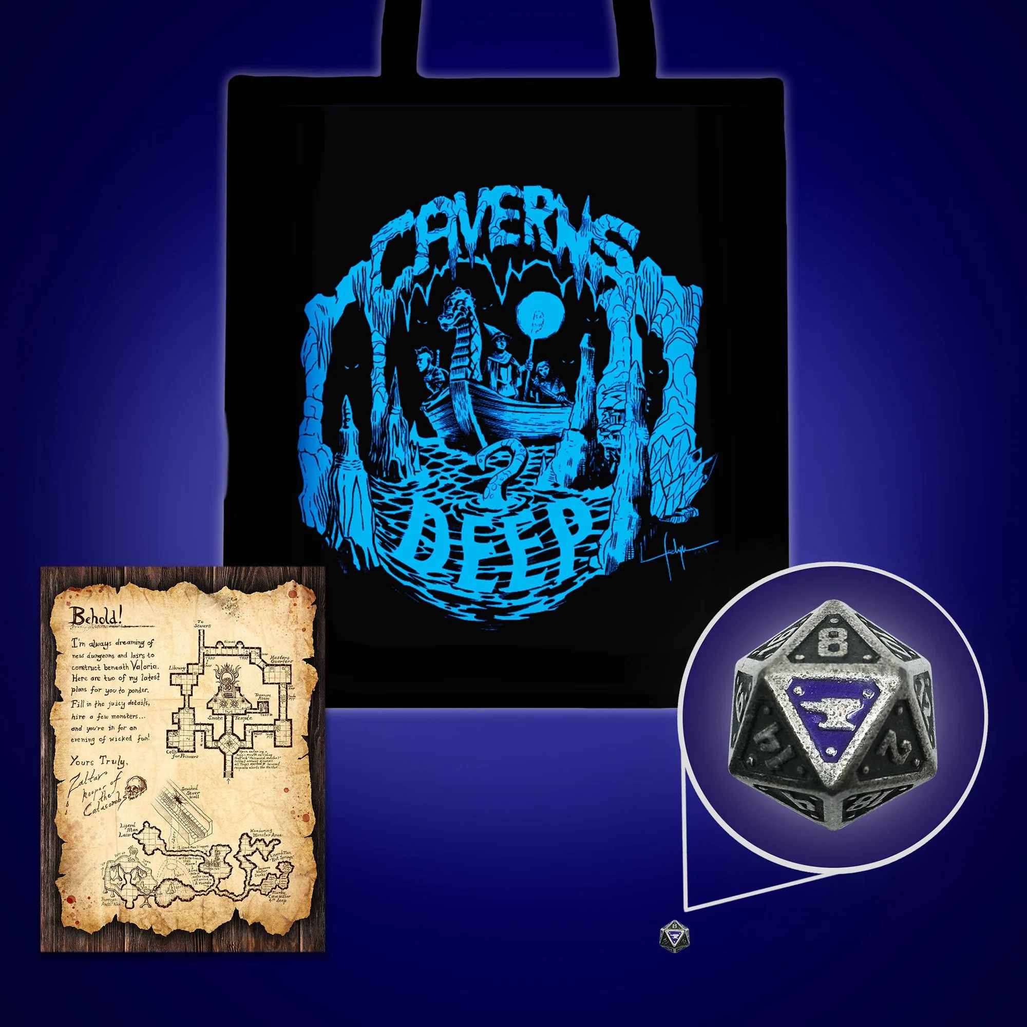 Cómo usar el set Caverns Deep d20, bolsa de tela y mapa