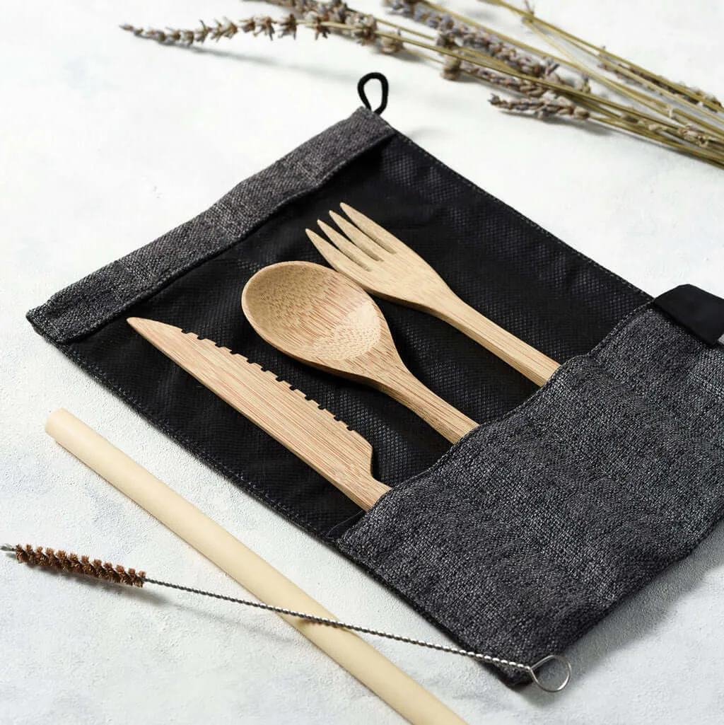 Set de cubiertos de bambú (bolsa gris oscuro)