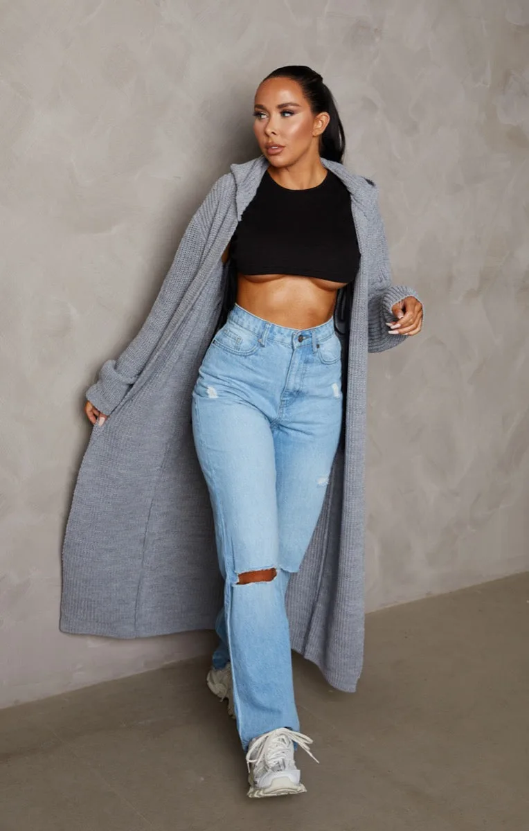Gris clair cardigan à capuche long manches longues - Emily
