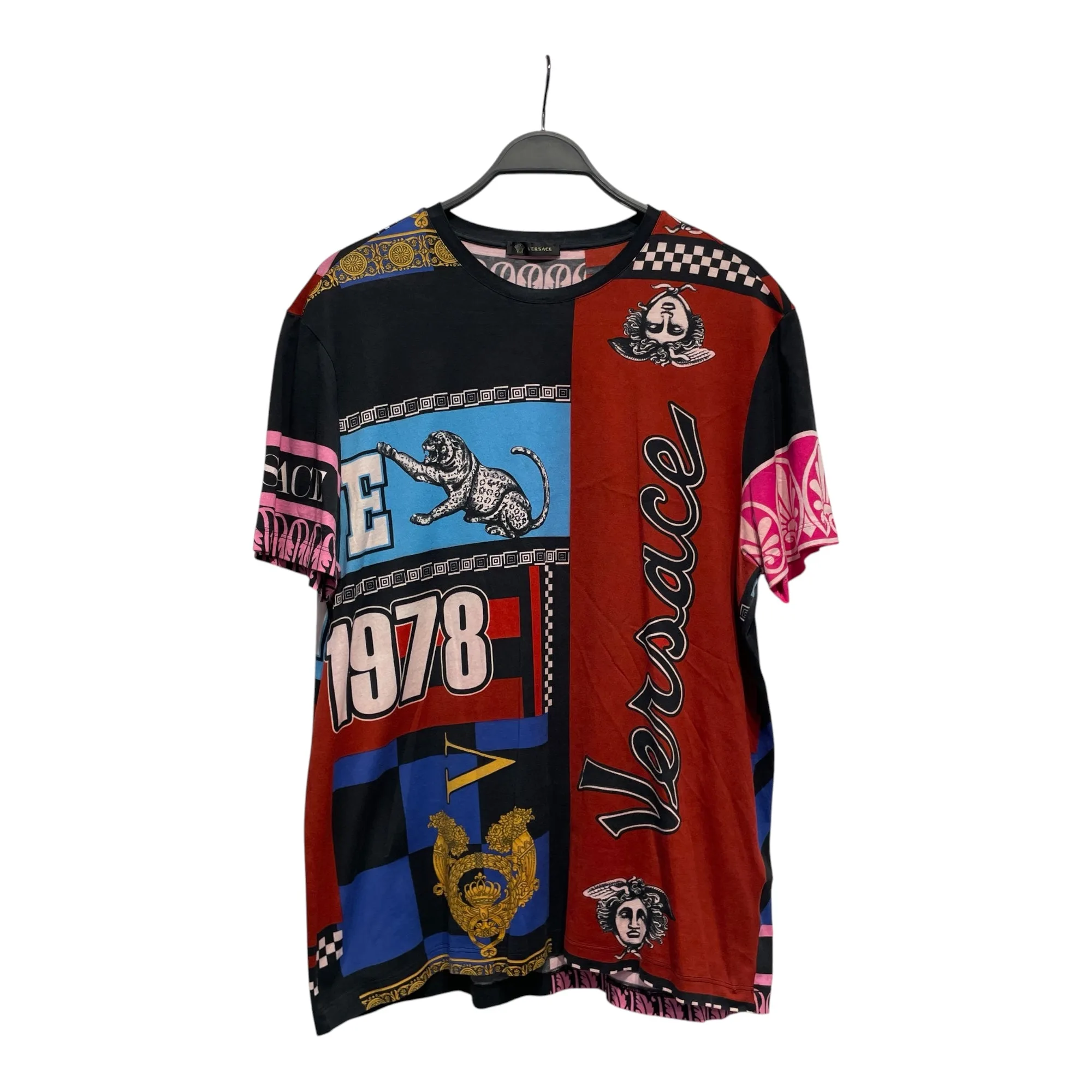 VERSACE/T恤/L/棉/黑色/滿版印花/拼接