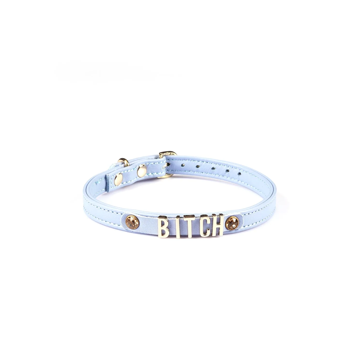Collier en cuir bleu italien lettres BITCH avec pierre précieuse