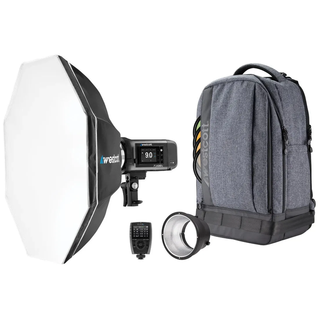 Westcott FJ400 II Stroboscopio de 400 Ws con pantalla táctil y disparador universal FJ-X3 M (kit de mochila de 1 luz)