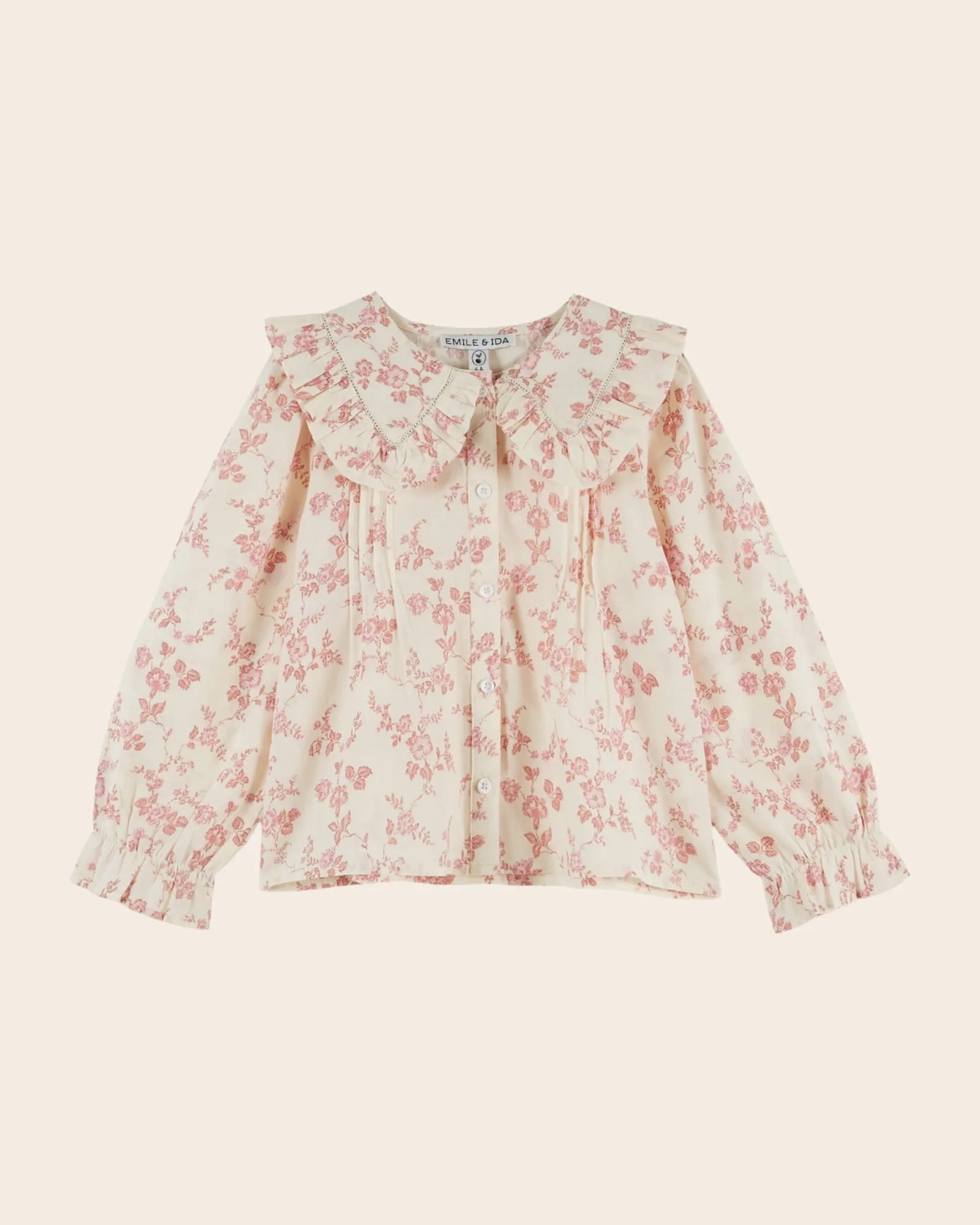 Blouse - Grand col fleuri écru et rose
