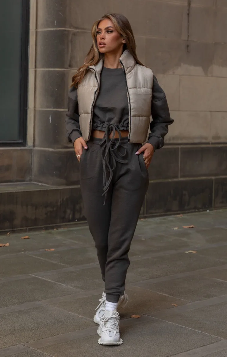 Stone High Neck Sleeveless Zip Up Padded Crop Gilet - Rivkah