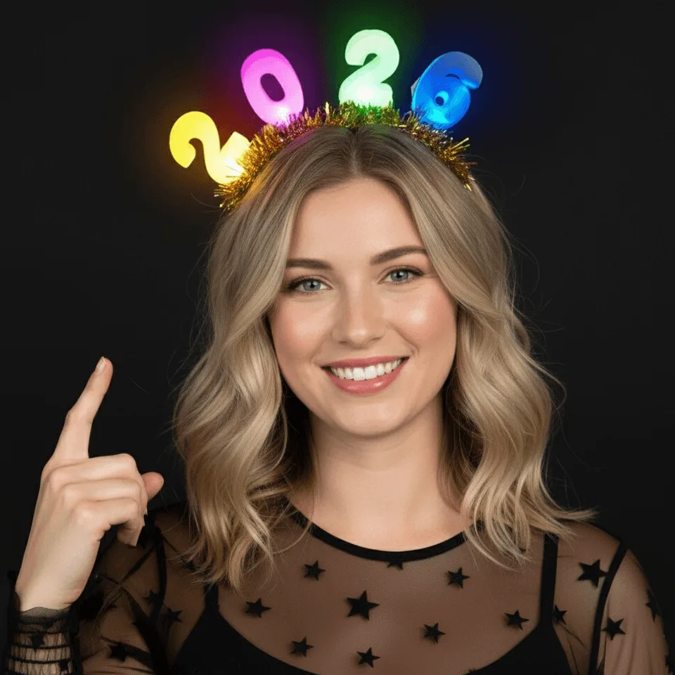 LED Light Up 2026 New Years Eve Tinsel Headband