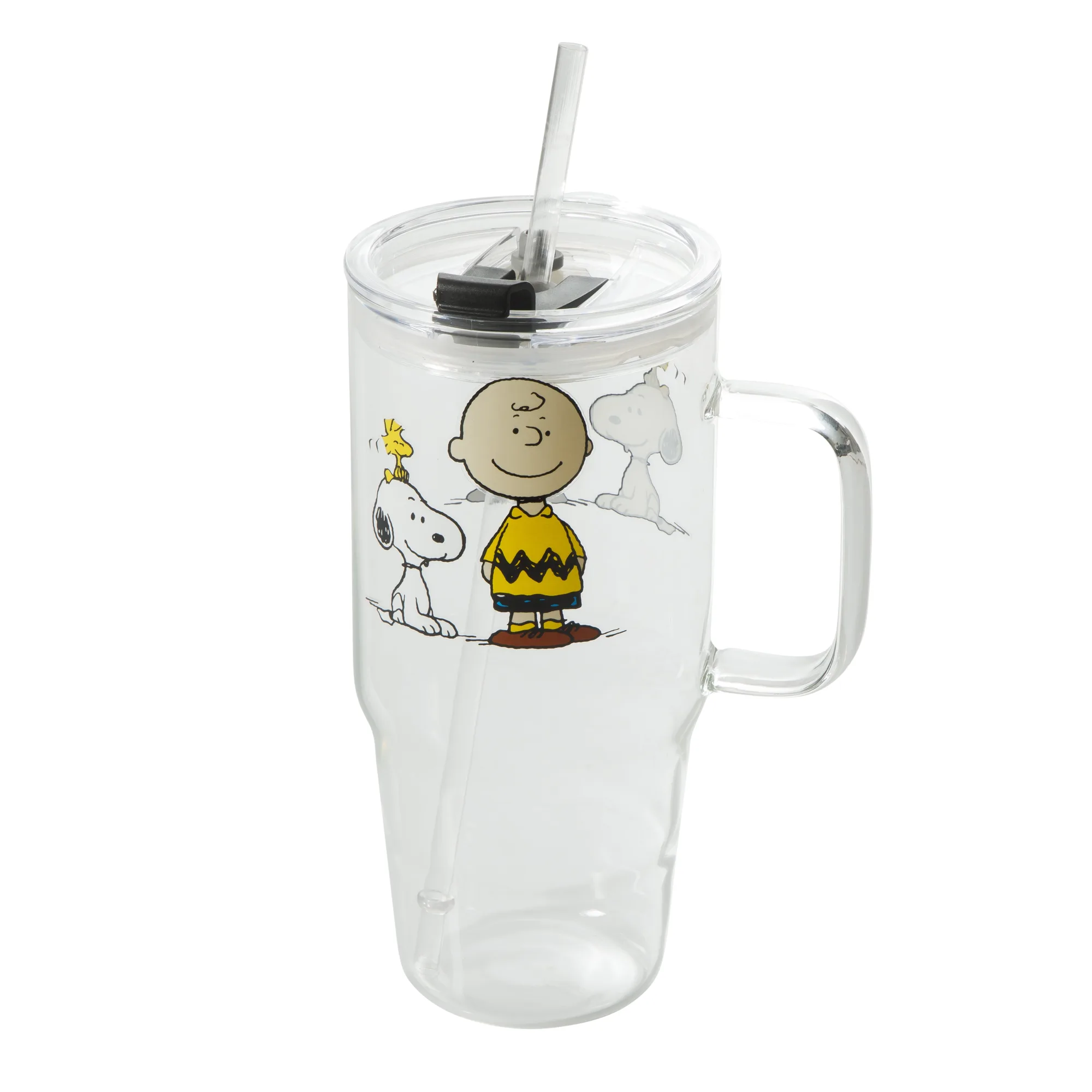 Peanuts Snoopy Glass Cups with Lids and Straws - 40 Oz Tumbler with Handle and Straw Glass Water Bottles Drinking Glasses with Straws Iced Coffee Cups Travel Coffee Mug Smoothie Tu